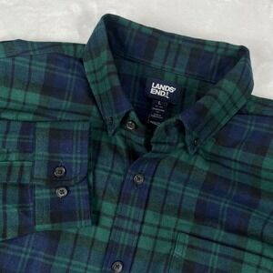 Lands End Mens Flannel Shirt L 42-44 Traditional Fit Green Navy Plaid Cotton